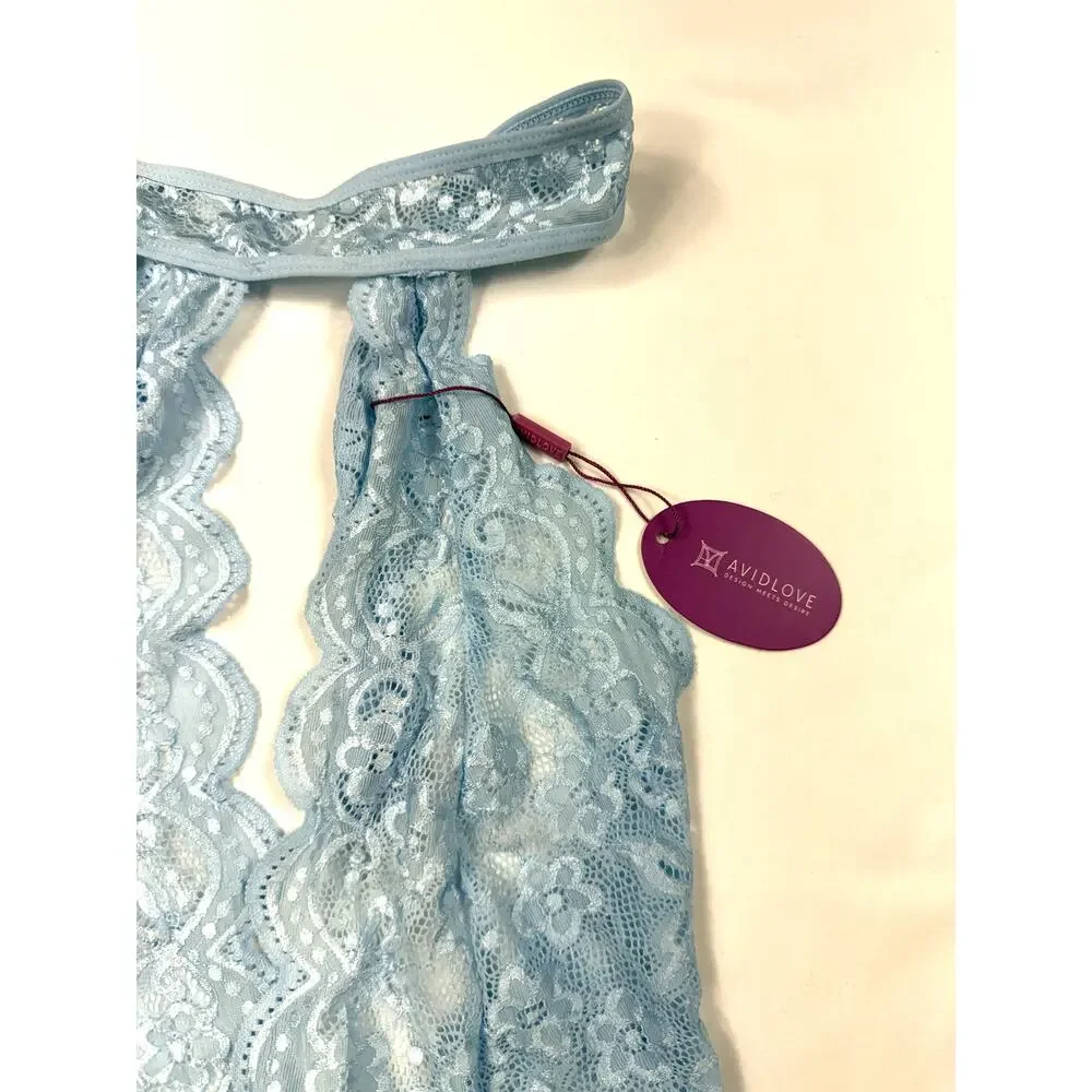 NWT AvidLove Sexy Blue Lace Lingerie Bodysuit with Intricate Floral Design